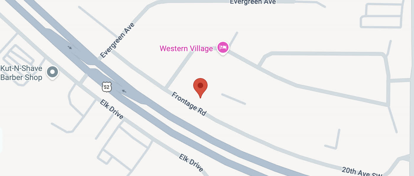 Map showing the Public Bored billboard location on Frontage Road beside US Highway 52 in Minot, North Dakota