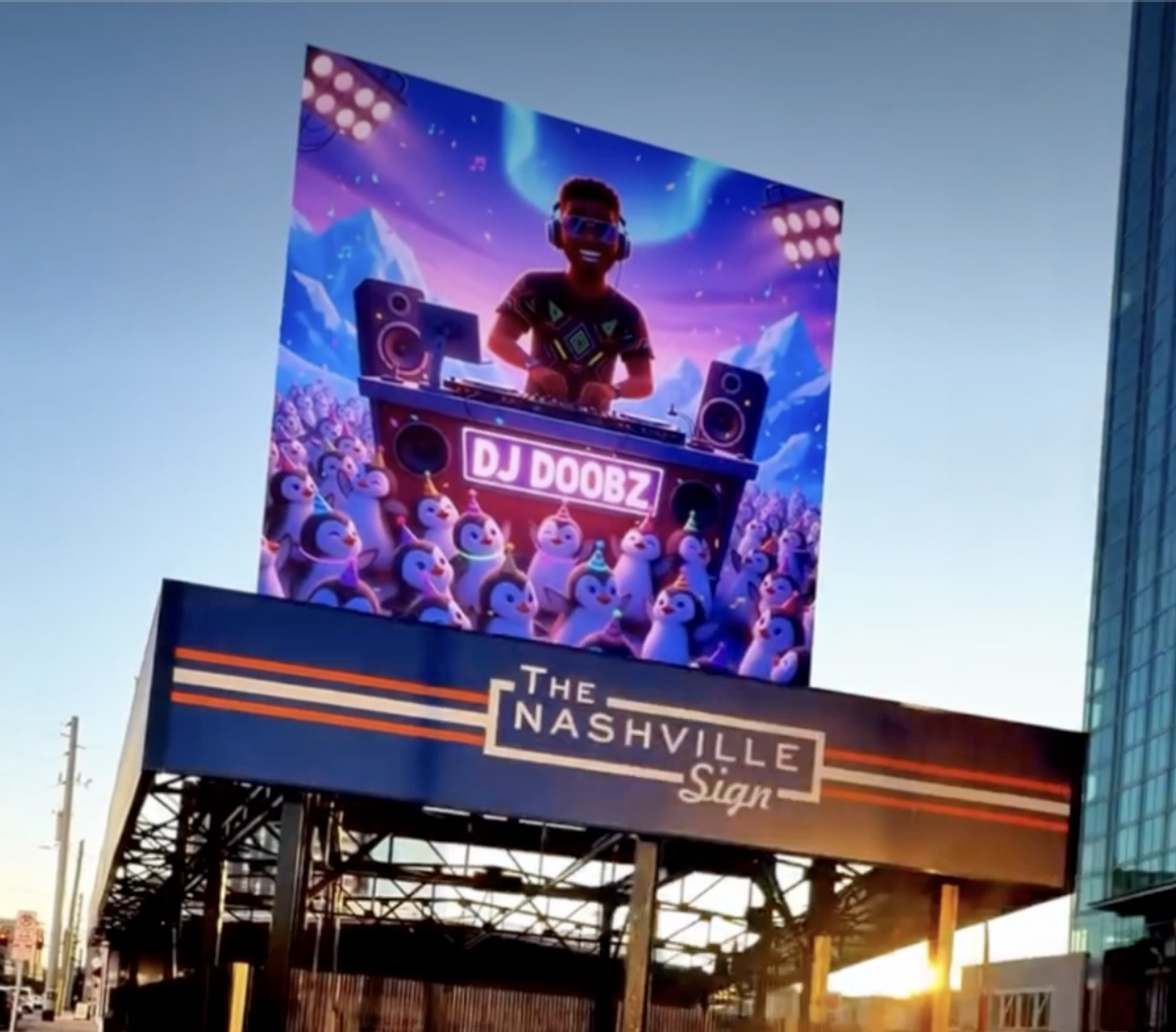 Closeup of DJ Doobz artwork on The Nashville Sign billboard