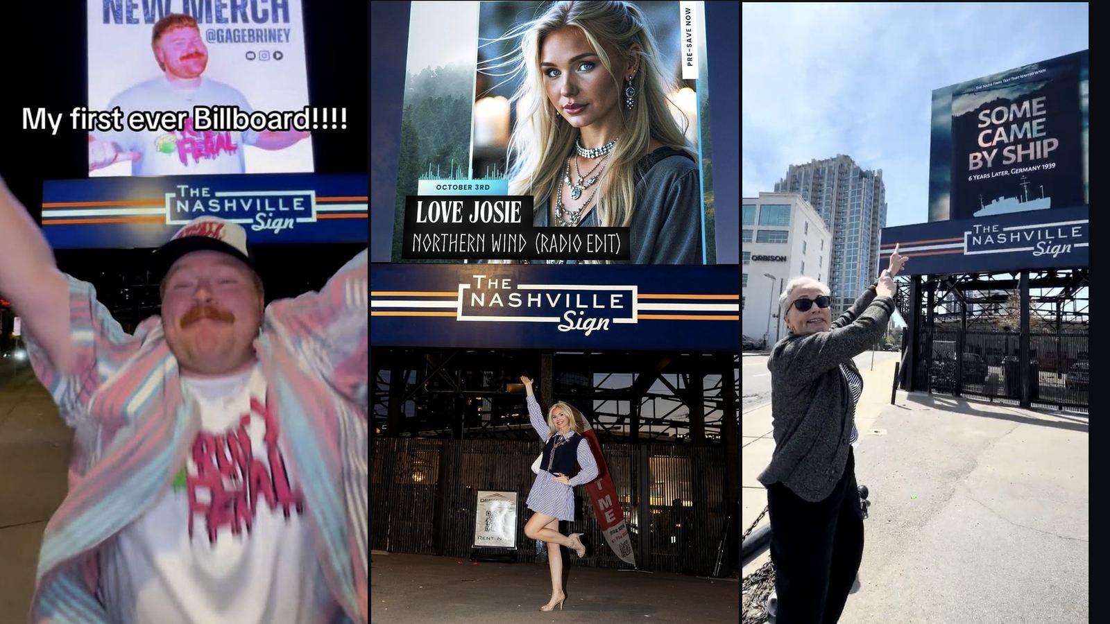 Collage of billboard examples — business ads, birthday messages, and creative content displayed on Nashville digital billboards