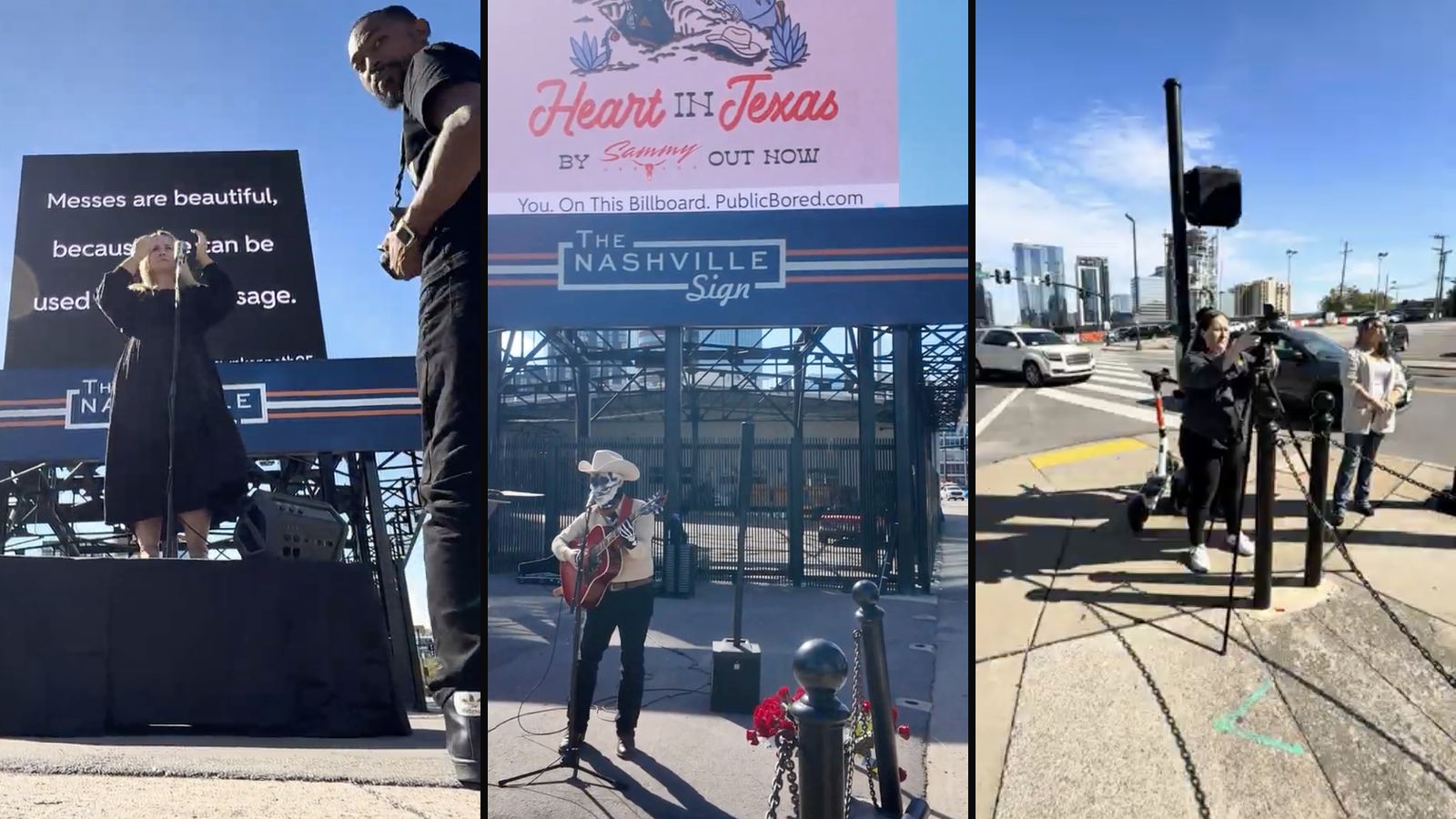Behind the scenes at the Nashville Sign — a singer performing live under her billboard message, a guitarist playing under a Heart in Texas album campaign, and a videographer capturing footage of a live billboard